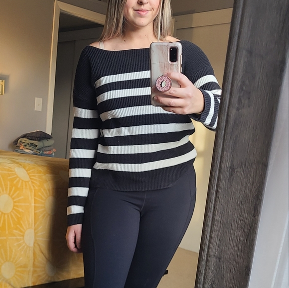 POPSUGAR Striped Knit Sweater Black and White - Picture 1 of 13